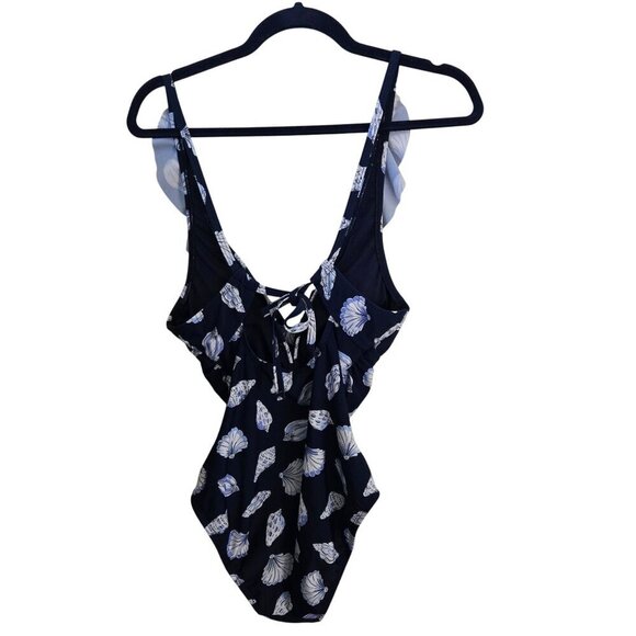 Ellen Tracy NWOT Navy Seashell Ruched Ruffled Tie Back One Piece Swimsuit Size 6 - Picture 2 of 5